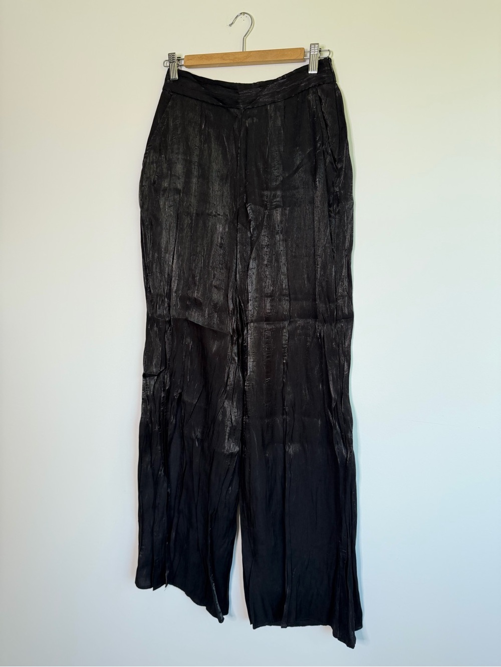 Women's Black Shiny Satin Wide-Leg Pants